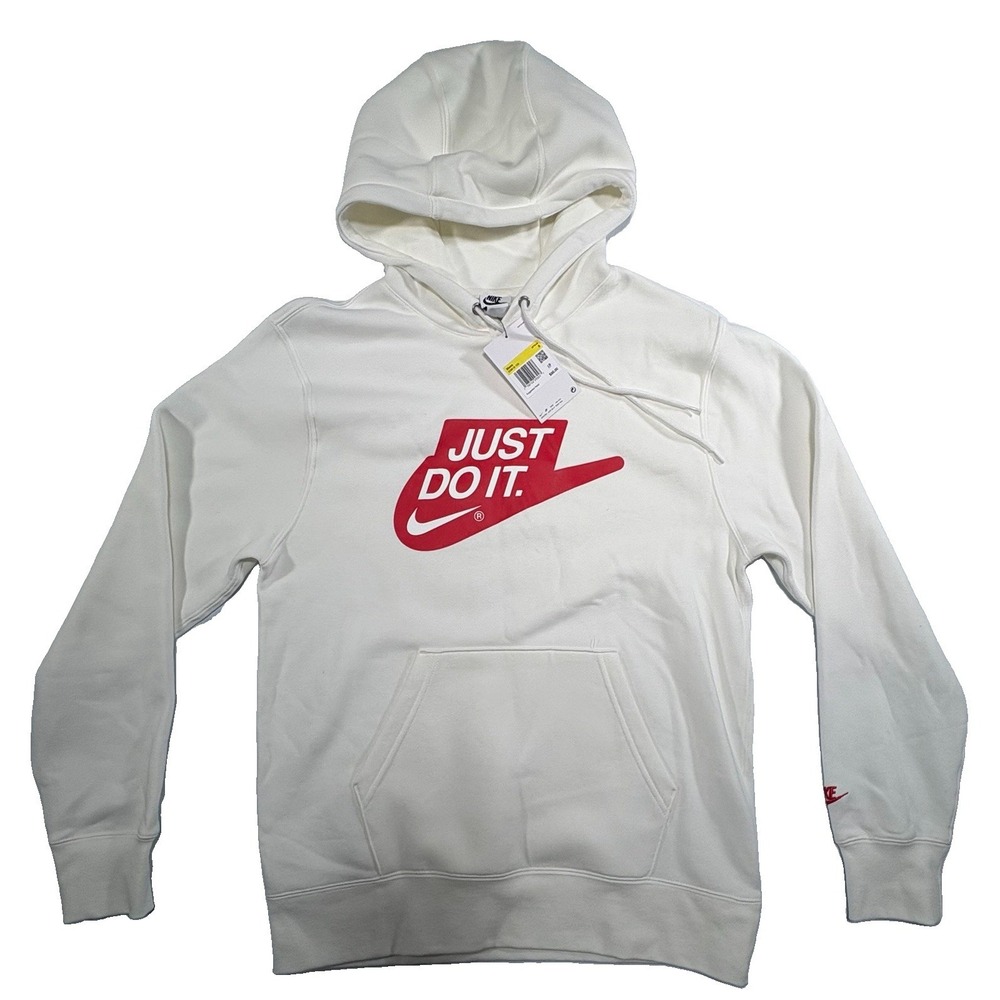 Nike Just Do It Hoodie Men's Small Sail Cream Red Logo Pullover NWT 109618-133